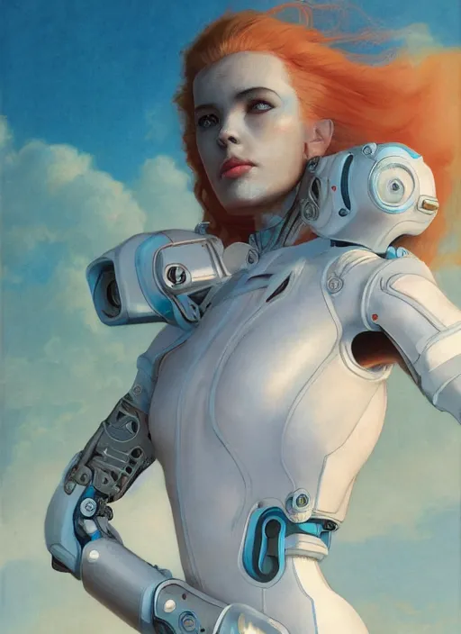 Image similar to symmetry!!! closeup portrait! of a cyborg racer girl, fashion white jumpsuit, shoulder pads, in clouds, cinematic light, windy, teal orange, volumetric smoke, by gerald brom, by mikhail vrubel, by peter elson, muted colors, extreme detail, trending on artstation, 8 k