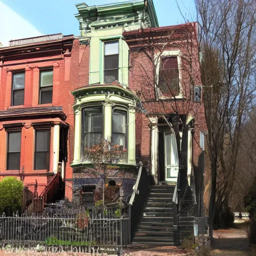 Prompt: 1 9 th - century brooklyn brownstone building, small creek