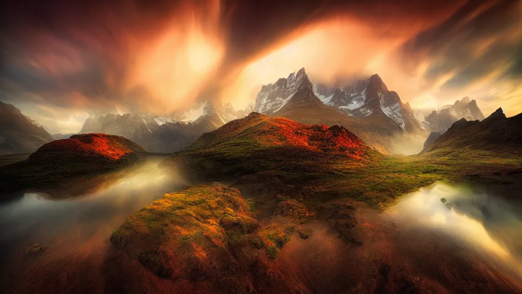 Image similar to amazing landscape photo by marc adamus, beautiful dramatic lighting