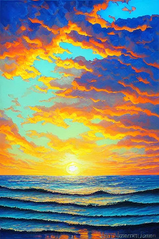 Prompt: beautiful oil painting ocean sky sunset, painted by jeremiah ketner and James Gurney
