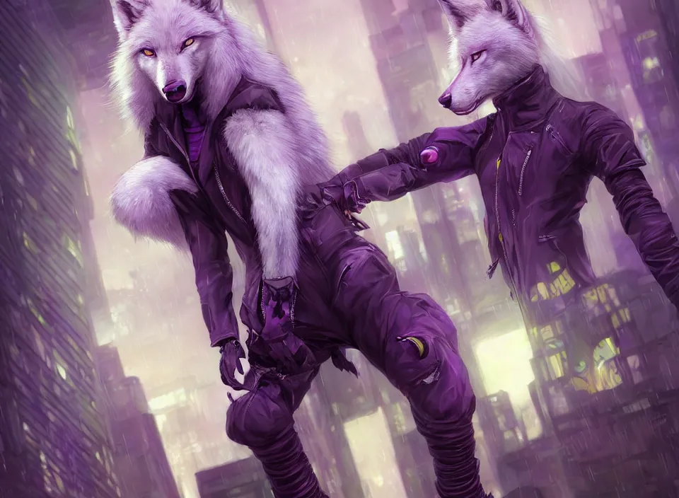 Prompt: award winning beautiful portrait commission of a male furry anthro albino wolf fursona with a tail and a cute beautiful attractive detailed furry face wearing stylish black, purple and yellow cyberpunk biker clothes standing on top of a high rise in a cyberpunk city at night while it rains. Character design by charlie bowater, ross tran, artgerm, and makoto shinkai, detailed, inked, western comic book art