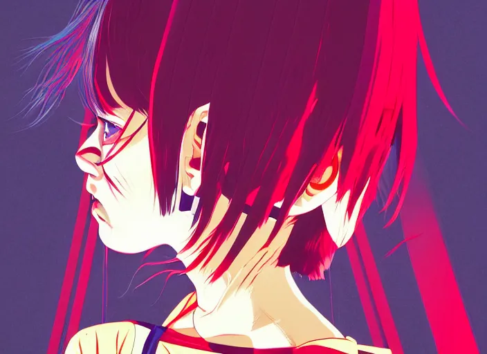 Prompt: editorial illustration by Karolis Strautniekas and Mads Berg, colorful, anime portrait vampire princess miyu, katsuhiro otomo, murata range, haruhiko mikimoto, Ilya kuvshinov,fine texture, smooth cel shading, fine details, matte print, film noir, dramatic lighting, dynamic composition, cinematic, film grain, moody, vivid, volumetric,stippled lighting