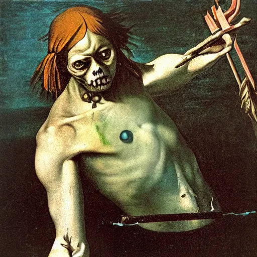 Prompt: painting by caravaggio of a drowned zombie holding a trident with glowing cyan eyes, wearing ragged clothing, holding a trident, underwater, pastel green and blue color palette