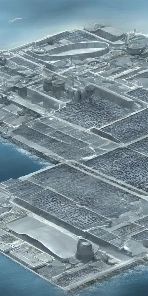 Image similar to concept art, science fiction, large - scale seawater desalination plant.