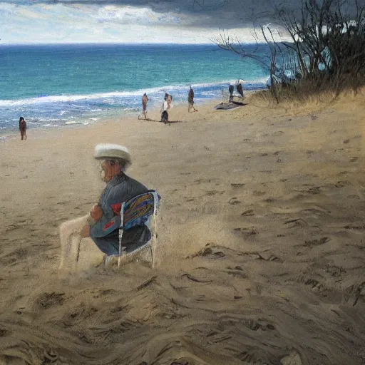 Prompt: portrait of john f kennedy, wrinkled, grey hair, handsome, hawaiian shirt, sitting in chair, landscape of nantucket beach, dunes, ocean, bluff, oil on canvas by william sidney mount - 1 9 8 2, trending on artstation