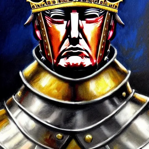 Prompt: knights armor, donald trump, crown!!!!!!, donald trump's face, detailed face, painting of a knight, boots!!!!!!, medieval castle background, valiant, by hans thoma