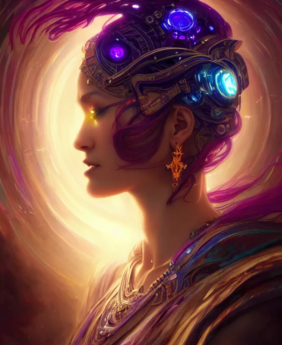 Image similar to a whirlwind of souls rushing inside the metaverse, half body, glowin eyes, tiara with sapphire, pharaoh, android, cyberpunk, d & d, fantasy, intricate, elegant, highly detailed, colorful, vivid color, digital painting, artstation, concept art, art by artgerm and greg rutkowski and alphonse mucha and ruan jia