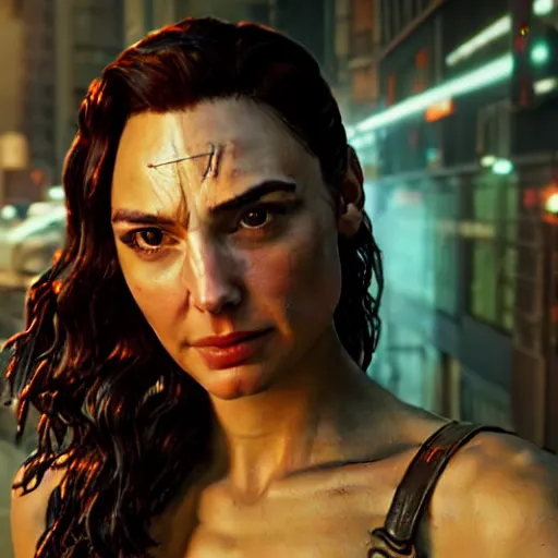 Prompt: a film portrait still of gal gadot as spider - man from cyberpunk 2 0 7 7 unreal engine. realism, cinematic lighting, highly detailed spider - man, 4 k. 8 mm. grainy. panavision.