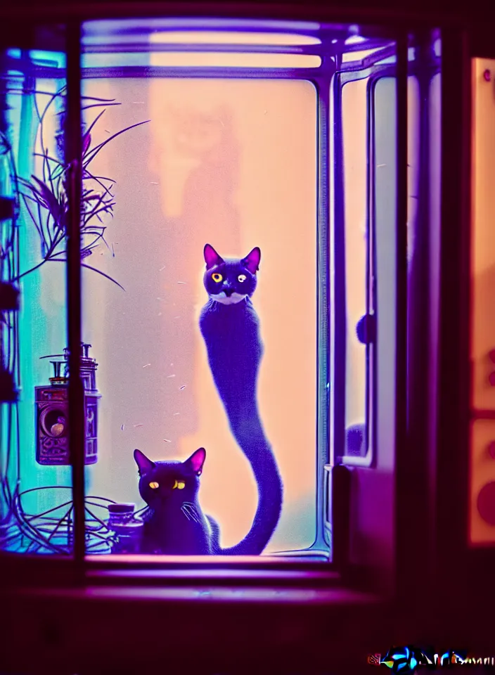 Image similar to telephoto 7 0 mm f / 2. 8 iso 2 0 0 photograph depicting the feeling of chrysalism in a cosy safe cluttered french sci - fi ( ( art nouveau ) ) cyberpunk apartment in a pastel dreamstate art cinema style. ( cat ) ( ( fish tank ) ), ambient light.