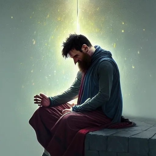 Image similar to lionel messi praying like a muslim, d & d, fantasy, intricate, elegant, highly detailed, digital painting, artstation, concept art, matte, sharp focus, illustration, art by artgerm and greg rutkowski and alphonse mucha