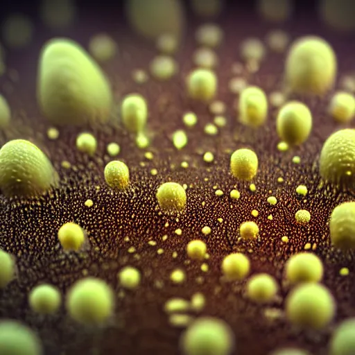 Image similar to close up photo of petri dish with a fungal cultures with little filaments under the microscope, octane render, tilt shift, smooth, ultrasharp focus, unreal engine 5, bokeh background, hyperrealism, vray