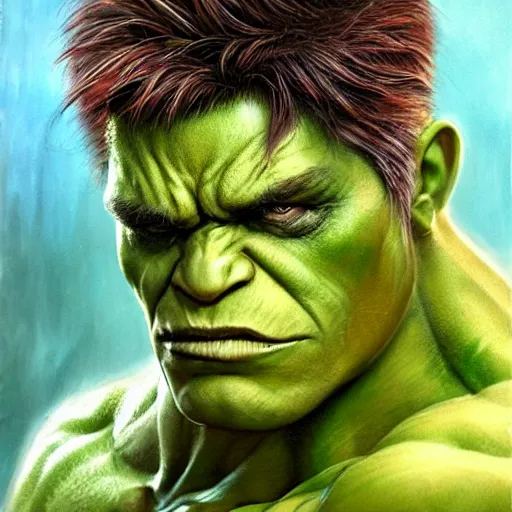 Prompt: UHD photorealistic detailed image of The Hulk as a Thai ladyboy, wearing extremely intricate makeup by Ayami Kojima, Amano, Karol Bak, tonalism