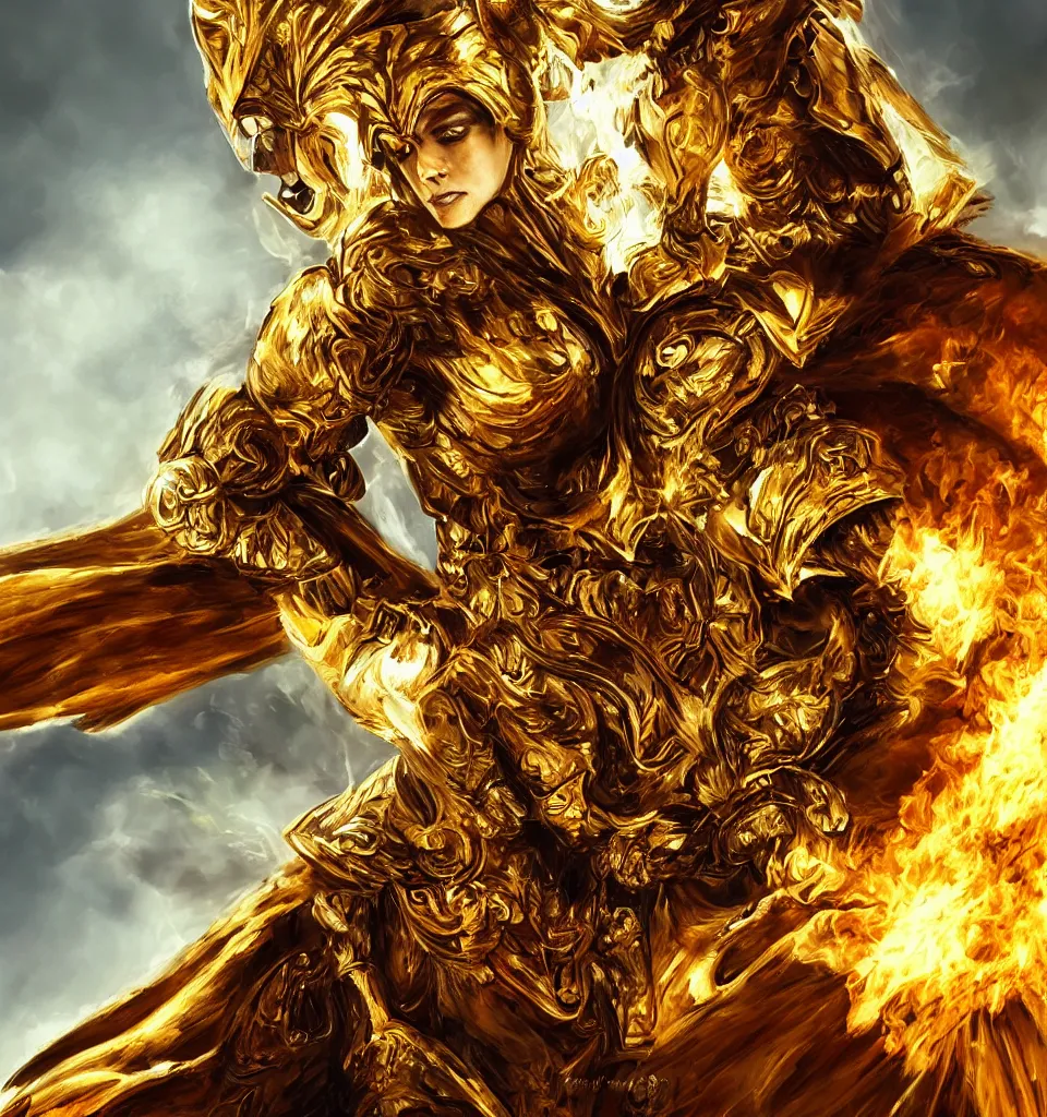 Prompt: Close-up shot of a fiercely beautiful woman in golden angelic battle armor wielding a flaming sword, action shot, cinematic, epic, Soft lighting, attractive, highly detailed, trending on artbreeder