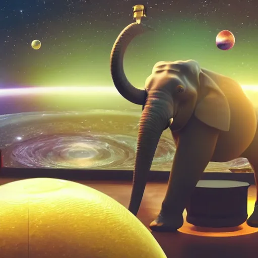 Image similar to a hyperrealistic 3D octane render of an elephant wearing an oculus rift and playing a keyboard inside of a dome planetarium with planets and galaxies, 8k, unreal engine, dramatic lighting, volumetric lighting, uplighting, ray tracing, photorealistic,