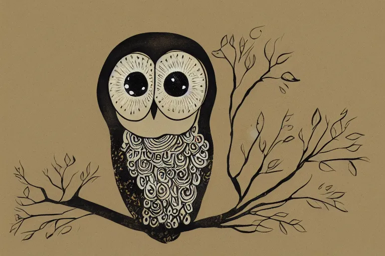 Image similar to beautiful serene owl, healing through motion, minimalistic golden ink aribrush painting on white background