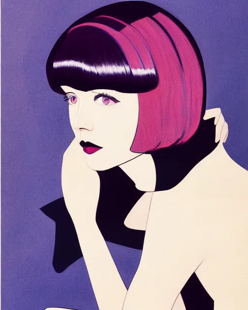 Prompt: colleen moore 2 2 years old, bob haircut, portrait painted by patrick nagel and stanley artgerm, lit from below only