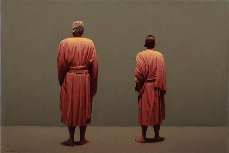 Prompt: back view of a man wearing ancient robe standing in front of the painting in the modern art gallery, retrofuturism, symmetry, goldenratio, highly detailed, high sharpness, by david lynch and beksinski and rutkowski