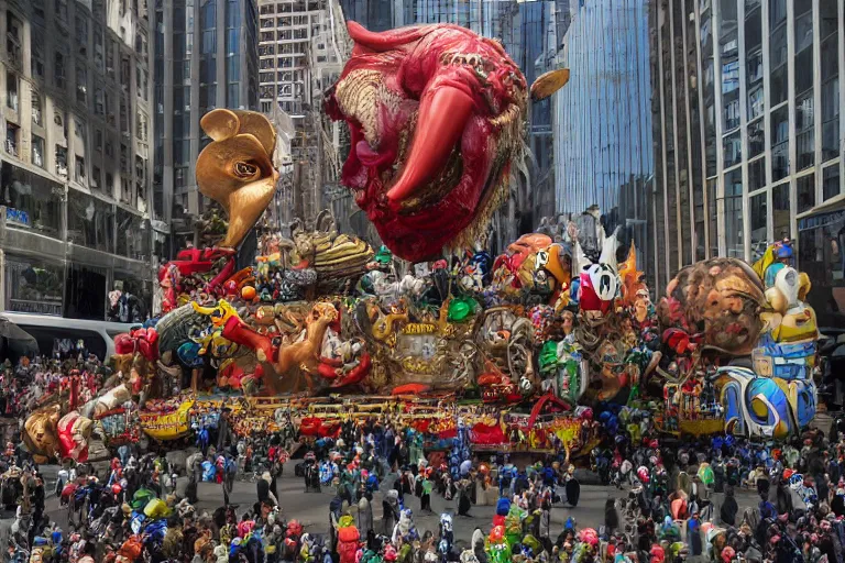 Image similar to photo of giant elaborate parade float designed by geoff darrow!!!! and ( ( ( ( ( ( hr giger ) ) ) ) ) ), in the macys parade, detailed 4 k photo