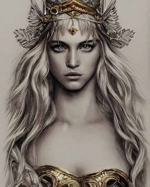 Image similar to tattoo sketch of hot blonde super model as aphrodite the greek goddess wearing a gold laurel wreath and triangle earrings, beautiful piercing gaze with sharp pupils, in the style of greg rutkowski, fantasy, amazing detail, epic, elegant, smooth, sharp focus, front view