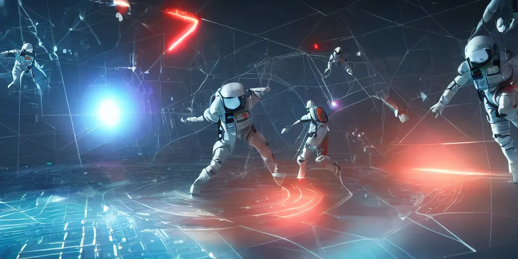 Prompt: futuristic spacemen firing lasers in zero gravity, skintight suits, floating, floating polygon shapes as obstacles, surrounded by a laser grid, unreal engine, lensflares, low perspective