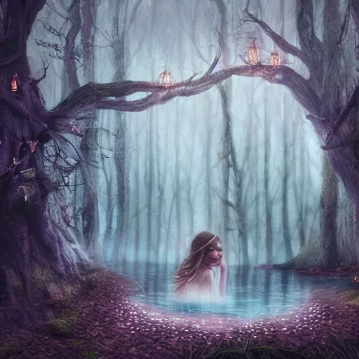 Prompt: sensual woman and her daughter making a sacrifice in a magical forest by leesha hannigan, fantasy, highly detailed faces, magical forest, pond, fog, digital art, artwork