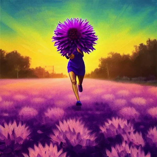 Image similar to portrait, giant purple dahlia flower head, woman running at orange beach, surreal photography, sunrise, blue sky, dramatic light, impressionist painting, digital painting, artstation, simon stalenhag