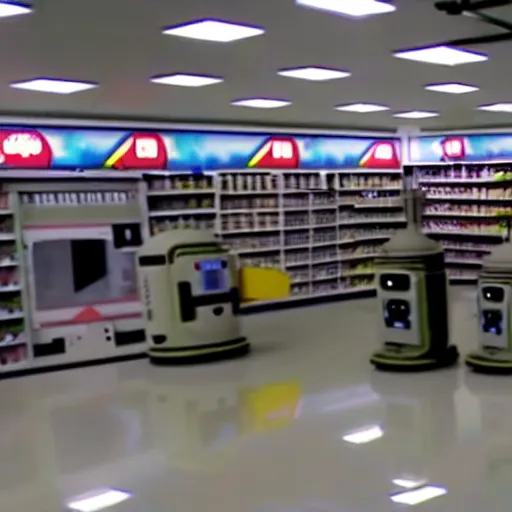 Image similar to abandoned robot android factory in a convenience store, damaged camcorder video