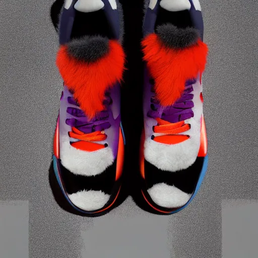 Image similar to poster nike shoe made of very fluffy colorful faux fur placed on reflective surface, professional advertising, overhead lighting, heavy detail, realistic by nate vanhook, mark miner