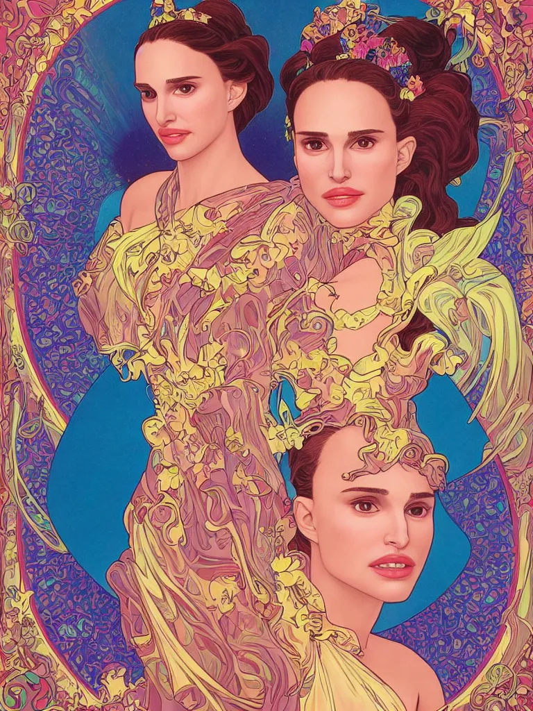 Image similar to beautiful realistic portrait of Natalie Portman as a sci fi 90s princess by Lisa Frank, Seth McMahon and Alphonse Mucha