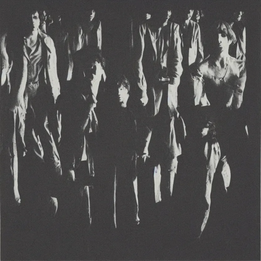Prompt: a few men standing next to each other in a dark room, an album cover by Syd Barrett, pinterest, mannerism, antichrist, flickering light, 1970s