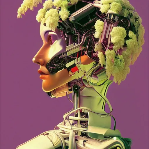 Prompt: a 3 d vaporwave painting by syd mead of a bipedal robot head with flowers growing out of the top, trending on artstation, masterpiece, incredible details