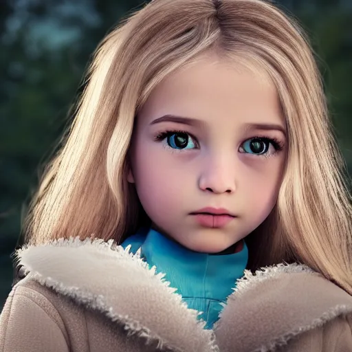 Image similar to a little portuguese girl with white - fair!!!!! skin, dirty blonde hair and blue eyes, wearing a disney land coat and blue jeans, 4 k, 8 k, photorealistic facial features