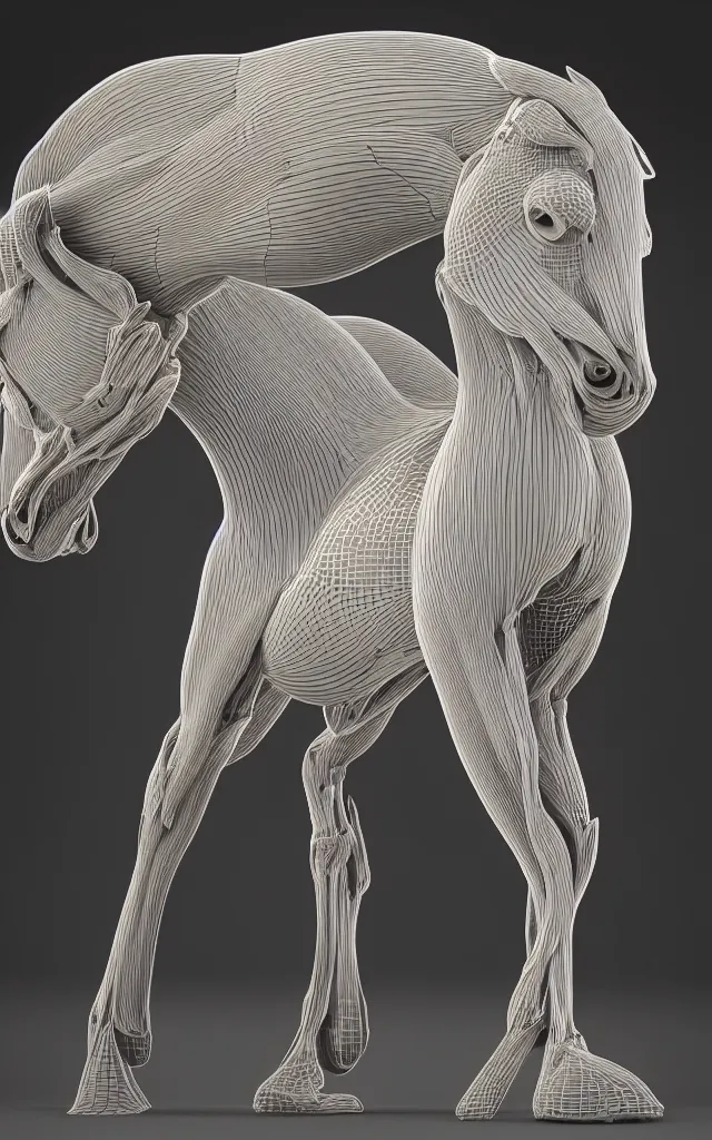 Prompt: intricated scientific medical 3d animation of the muscles and veins of a centaur horse plastic rim light detailed in mud 3d octane render