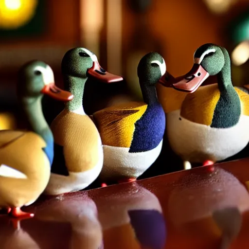 Prompt: 5 ducks pointing microphones at each other in a british pub as a photo