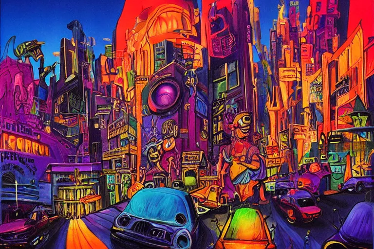 Image similar to surreal colorful nightmarish cityscape, artwork by ralph bakshi