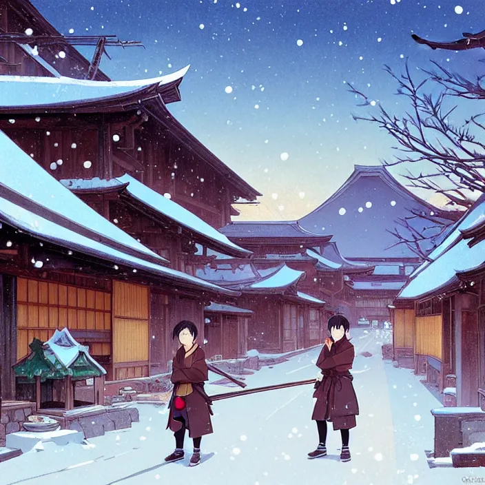 Image similar to japanese rural town, winter, in the style of studio ghibli, j. c. leyendecker, greg rutkowski, artem