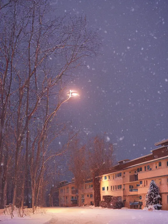 Image similar to film still of small soviet residential building in residential suburb area, lights are on in the windows, deep dark night, cozy atmosphere, cold winter, snowing, streetlamps with orange light, volumetric light, several birches nearby, elderly people stand at the entrance to the building, mega detailed