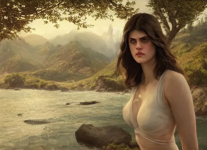 Image similar to alexandra daddario the real god, watching the earth. epic cinematic hyperrealism masterpiece. realistic poster with shaded lighting by craig mallismo, artgerm, jeremy lipkin and michael garmash, unreal engine, radiant light, detailed and complex environment, octane photoreal 3 d render, art station trends