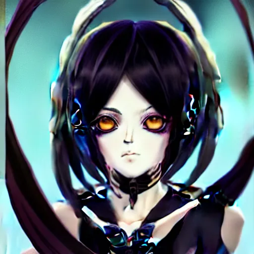 Image similar to front-facing headshot of a young gothic anime woman with black hair and golden highlights, wearing pretty makeup, drawn by WLOP, by Avetetsuya Studios, anime portrait, trending on artstation