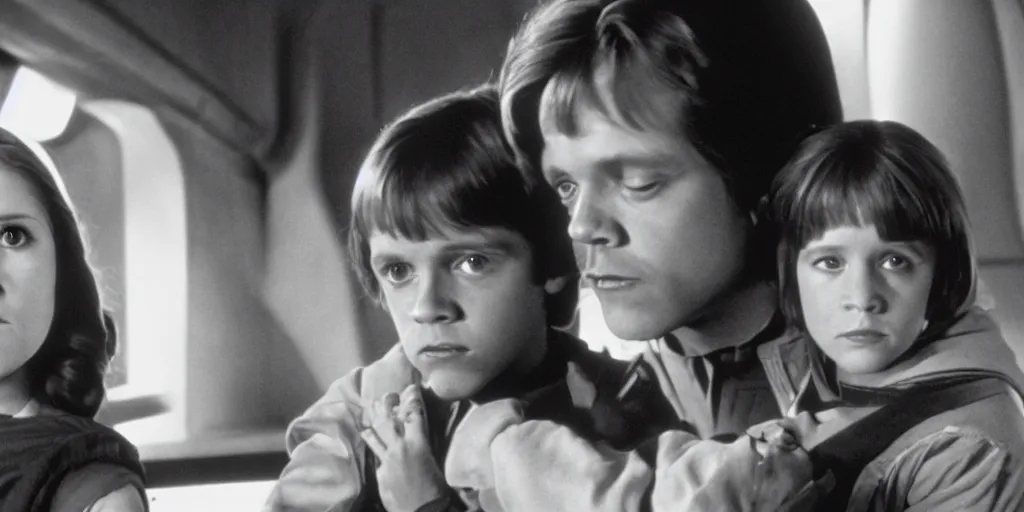 Prompt: film still of carrie fisher and mark hamill as children in new star wars movie, dramatic lighting, highly detailed face, kodak film, wide angle shot,