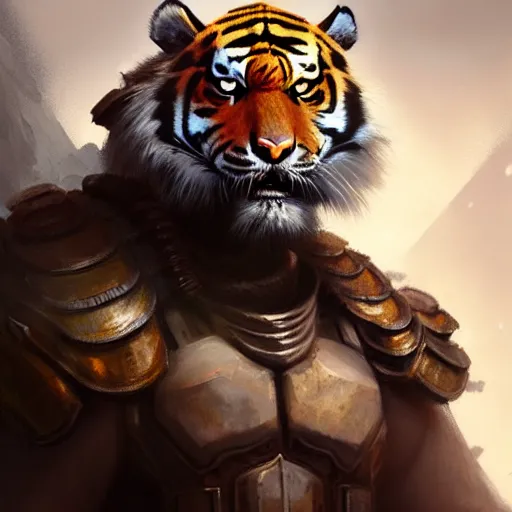 Image similar to commission portrait of a tiger wearing heavy armor,character design by charles bowater,greg rutkowski,ross tran,hyperdetailed,hyperrealistic,4k,deviantart,artstation,professional photography,concept art