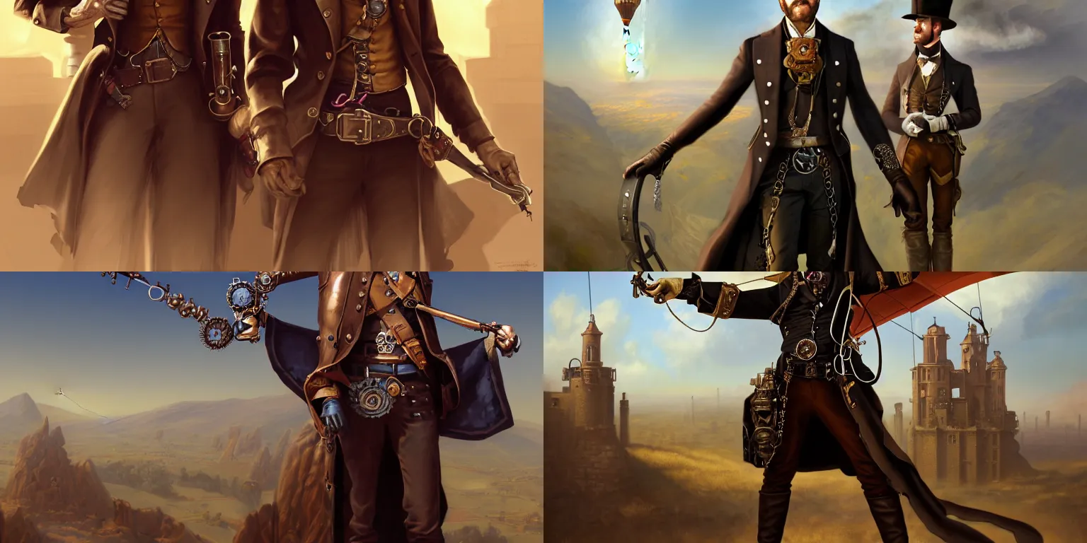 Prompt: full-length portrait of a steampunk noble gunslinger gentleman young Sean Connery in hat in the center, matte painting of steam machines paraglider on background, by tyler edlin and lindsey look, victorian, concept art, steam romance, steam-punk illustration, detailed, 4k resolution, trending on artstation