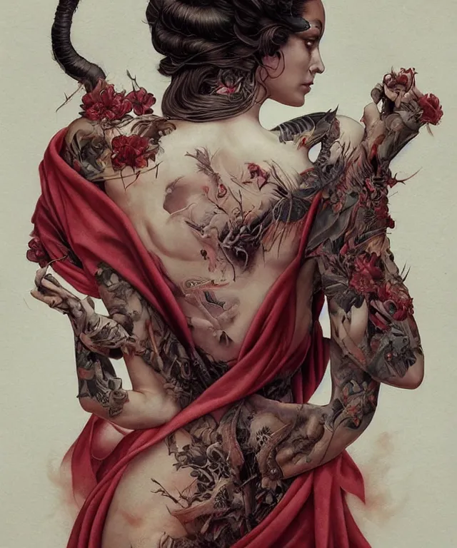 Image similar to ultra realistic illustration, beautiful woman dressed in a crimson kimono, backview, tattoos, in the style of peter mohrbacher by weta digital and beth cavener, high face symmetry, intricate, masterpiece, award winning, high face symmetry, intricate