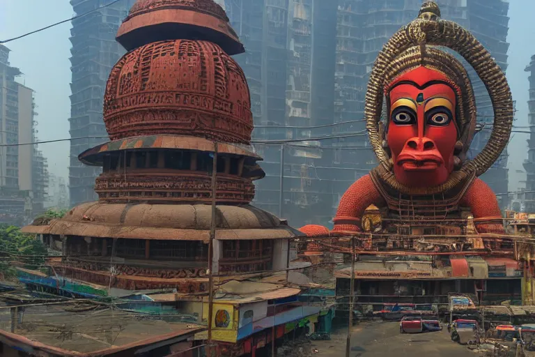 Image similar to high quality 3 d cyberpunk biomorphic hanuman head building in the middle of mumbai!!, kalighat highly detailed, cinematic smooth, stephen shore & john j. park, soft morning light, wide shot, high angle, uhd 8 k, deep focus