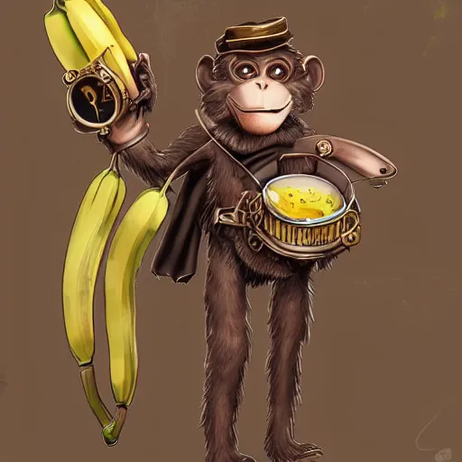 Image similar to cool monkey with banana in steampunk style, digital art, high quality, artstation