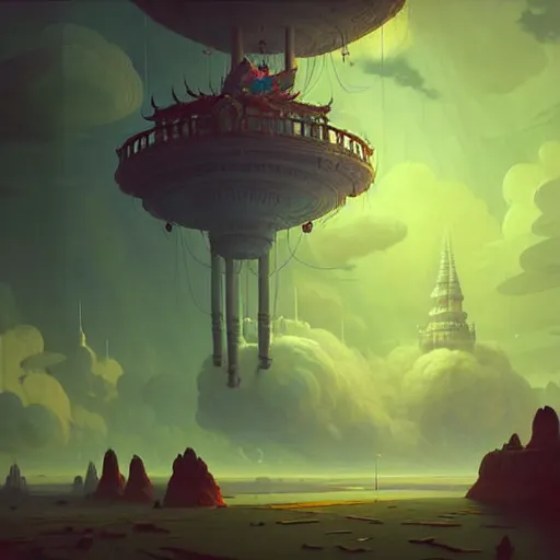 Image similar to cloud king rests on high nimbus spires in this sky palace lord of all the vast kingdom. simon stalenhag ilya repin greg danton brian sum max bedulenko igor krstic james suret pascal blanche illustration unreal engine render