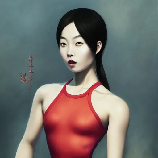 Prompt: a young gorgeous Chinese woman wearing sport racing competitive one piece swimsuit leotard, worksafe, by Tom Bagshaw