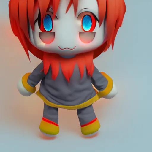 Image similar to cute fumo plush of a boy who can burn things just by looking at them, fiery stare, lens flare, vray