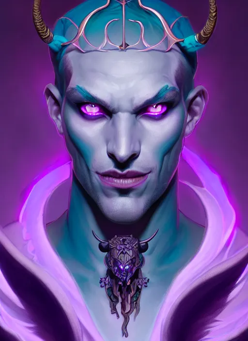 Prompt: symmetry!! portrait of a male purple and teal skinned tiefling with demon horns and piercings, glowing lights!! intricate, elegant, highly detailed, digital painting, artstation, concept art, smooth, sharp focus, illustration, art by artgerm and greg rutkowski and alphonse mucha