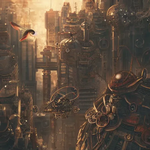 Image similar to a giant steampunk justin sun attacking a city, defense cannons can be seen trying to shoot it down, studio ghibli, anime, extremely detailed, intense, cinematic drone shot, cinematic lighting,